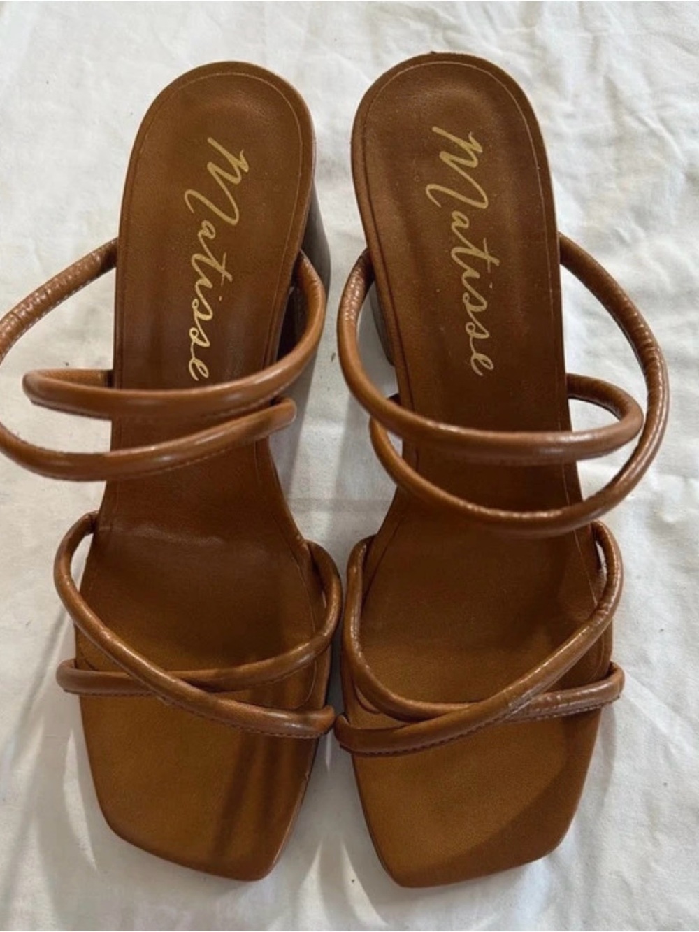 Matisse Cognac Multi-Strap Square-Toe Heels